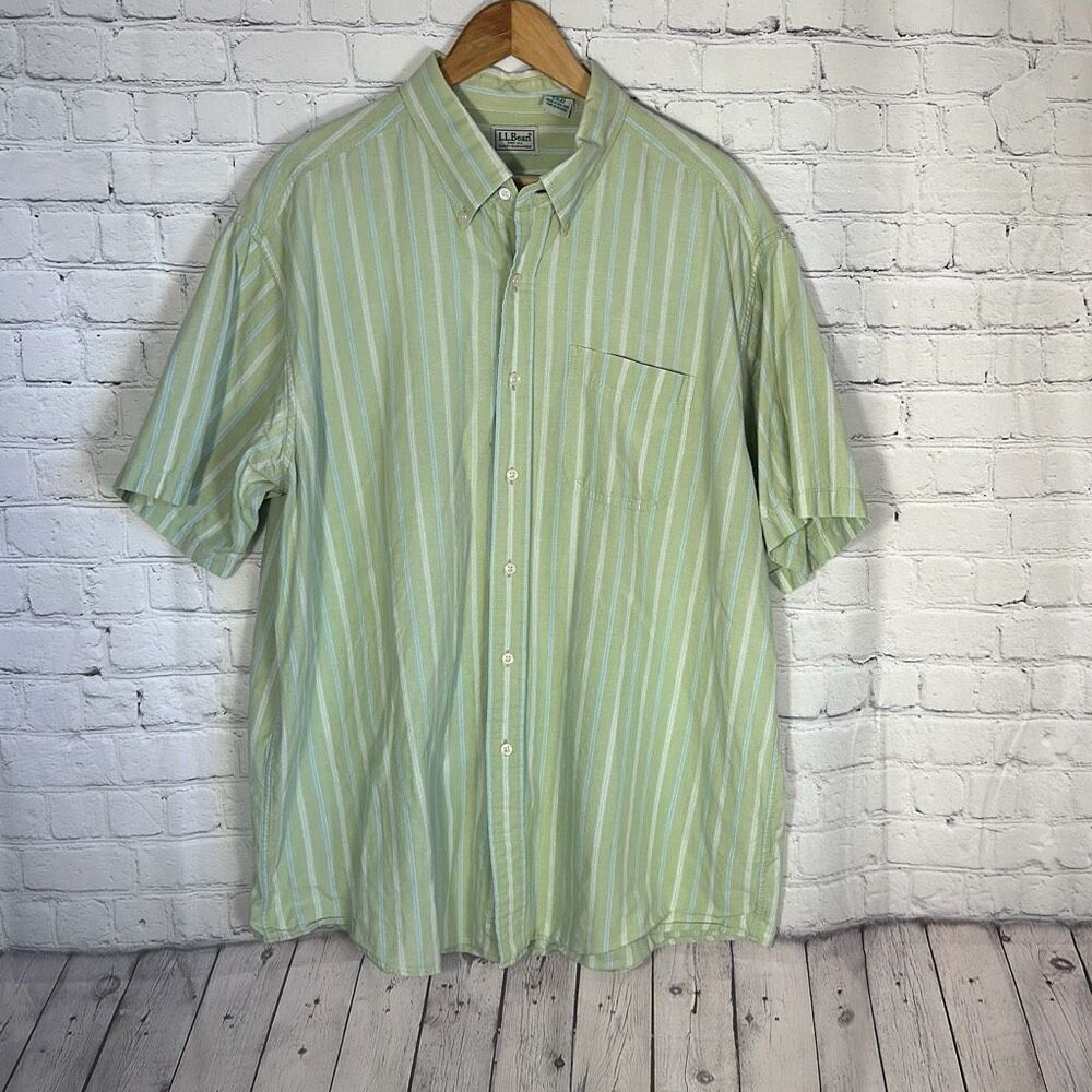 Men’s L.L. Bean XL Green short sleeve striped button-up shirt #0XL82 READ